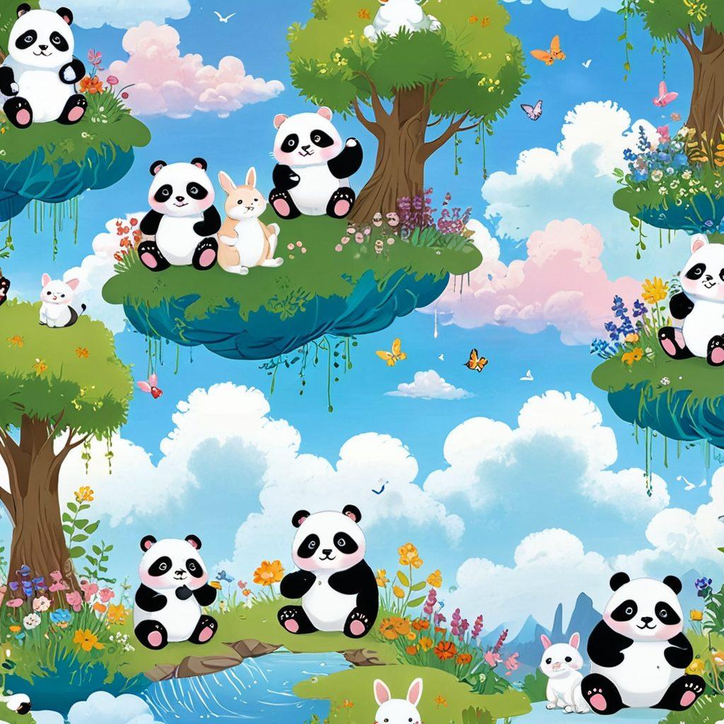 A magical landscape filled with colorful, cute characters like chubby pandas, fluffy kittens, and playful cartoon bunnies, surrounded by vibrant flowers and soft clouds. Each character has exaggerated, adorable features, radiating joy and charm. The background features a dreamy pastel sky, enhancing the whimsical atmosphere. super-realistic. vibrant colors. white background.