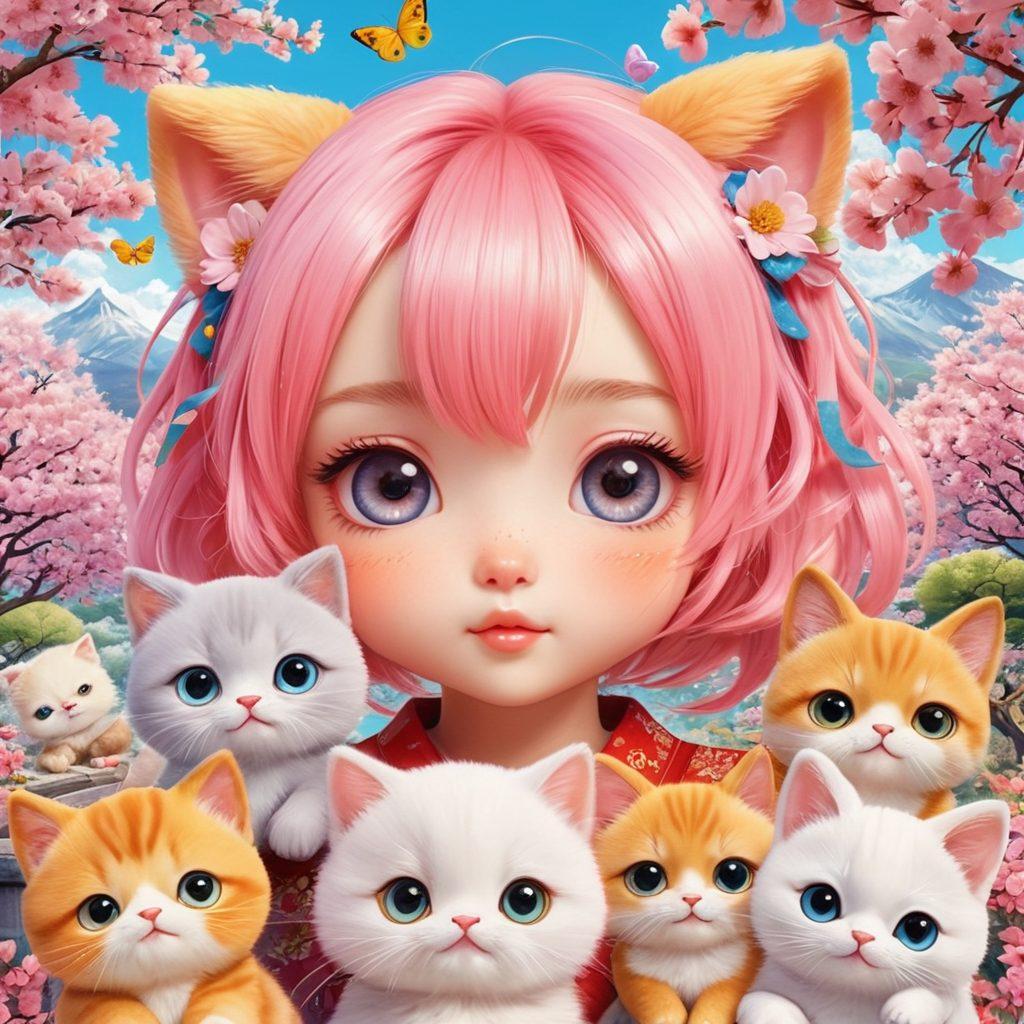 A whimsical collage featuring adorable anime characters with oversized eyes and vibrant hairstyles, surrounded by endearing animals like chubby cats and playful puppies. Incorporate elements of traditional Japanese Kawaii culture, such as pastel colors, cute emojis, and cherry blossoms all around. The scene should have a dreamy feel, inviting the viewer into a charming world. super-realistic. pastel colors. vibrant details.