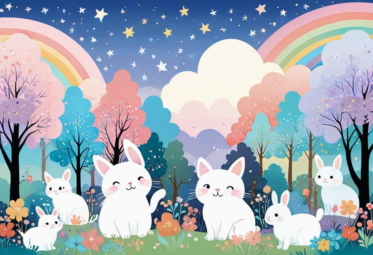 A whimsical landscape teeming with adorable kawaii creatures like chubby cats, fluffy bunnies, and smiling plush toys, surrounded by pastel-colored trees and flowers. Incorporate sparkling stars and rainbow accents in the sky, with some characters engaging in playful activities. The overall scene should evoke joy and charm, inviting viewers into a magical world of cuteness. pastel colors. vector art.